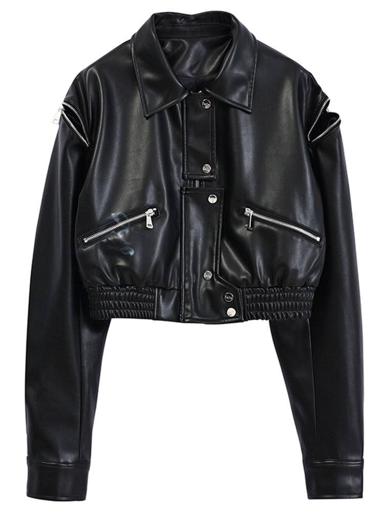 Short Faux Leather Long Sleeve Jacket
