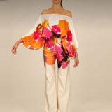 Satin Off Shoulder Top With Long Pant 2 Piece Set