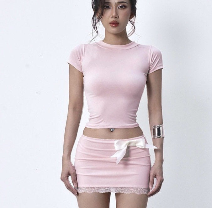 Pink Lace Trim Bow Low Rise Mini Skirt & Crop Top Set