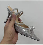 Sequined  Pointy Crystal Bowknot Strappy Heels
