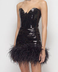 Women's Black Fashion Sequin Feather Strapless Mini Dress