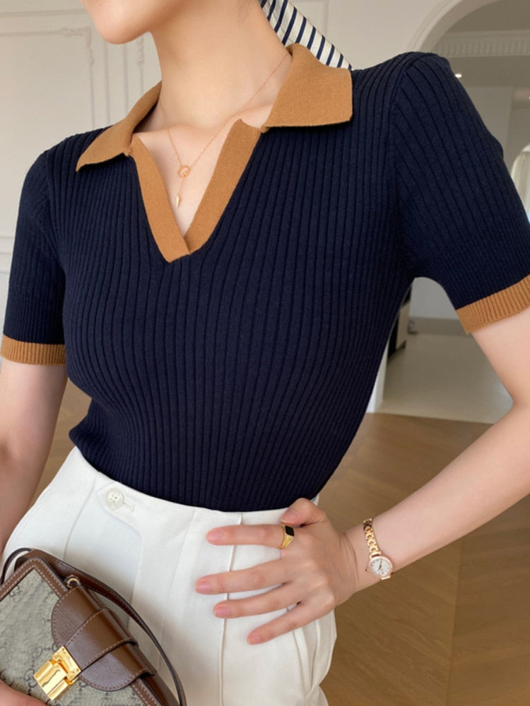 Polo Collar Short Sleeve Knitted Tee