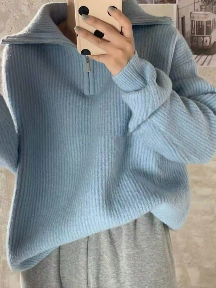 Zipper Knitted Turtleneck Sweater