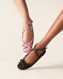 Mary Janes Ankle Strap Bowknot Rivet Satin Ballet Round Toe Shoes