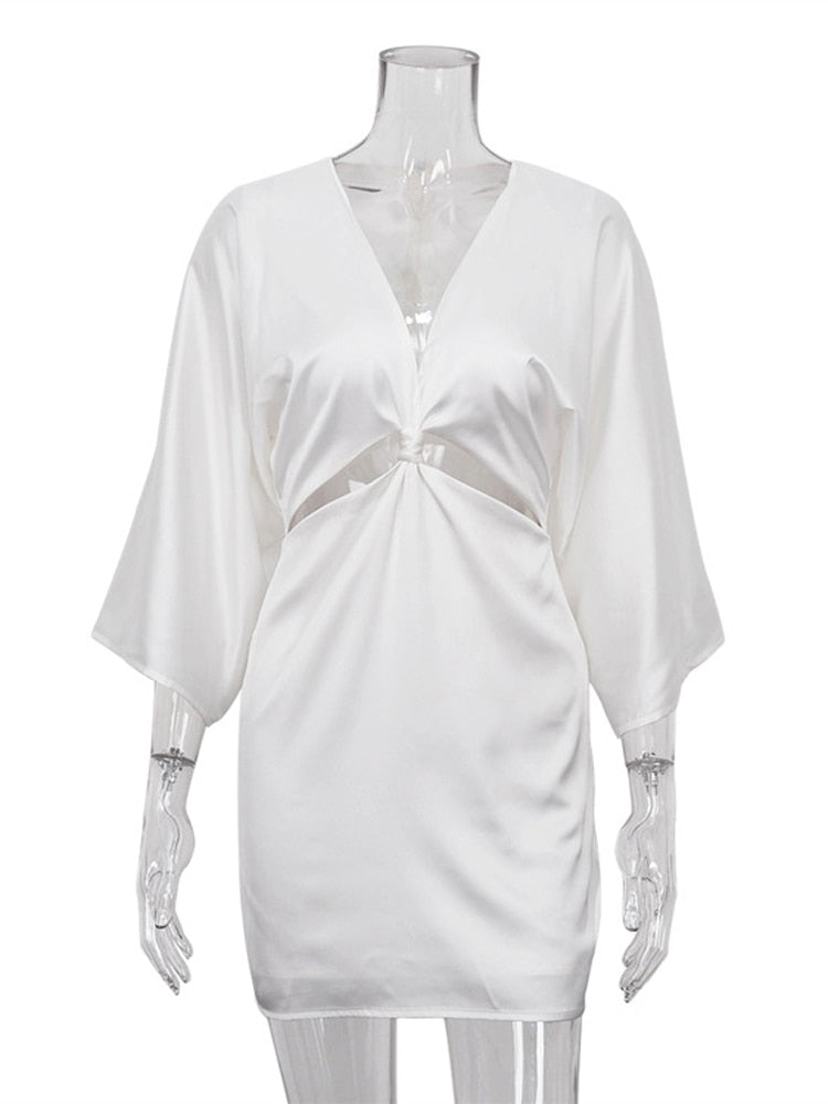 Deep V-neck Bow Satin White Mini Dress