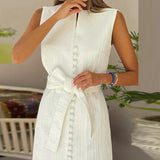 White Buttoned Belted Short Sleeve Midi Dress