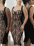 Women's Tight Sleeveless Lace Panel Midi Elegant Dress