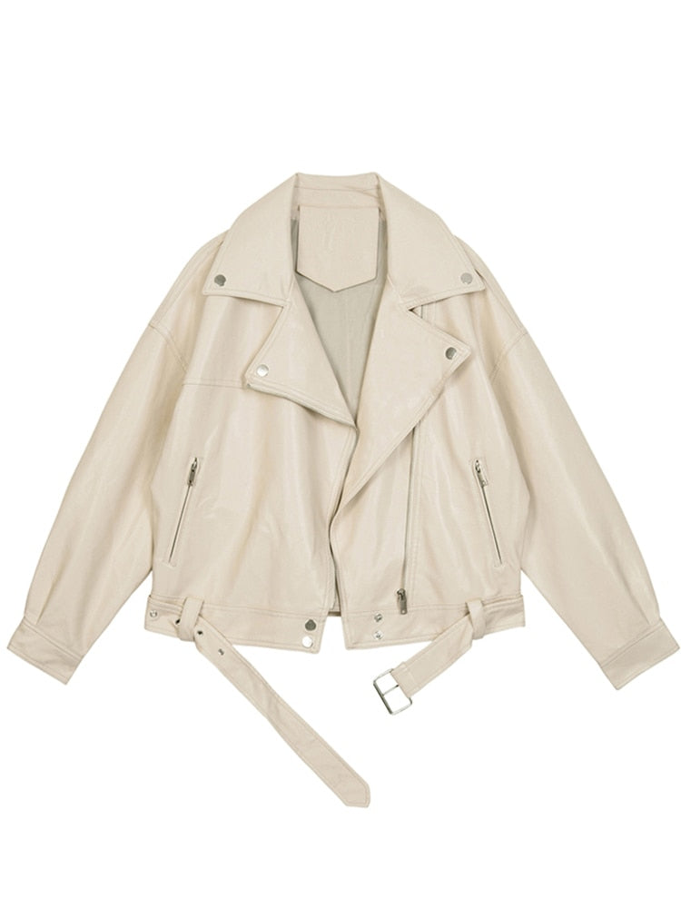 Pu Leather Belted Loose Jacket