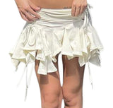 Irregular Drawstring Tie-Up Ruched Ruffles Mini Skirt Black/White
