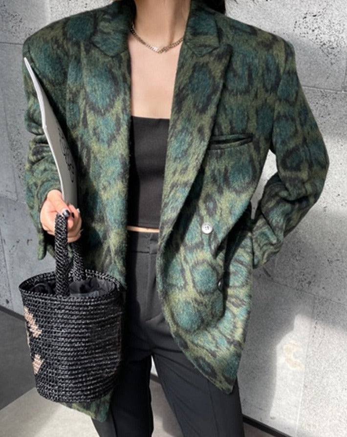 Green Leopard Graphic Loose Blazer