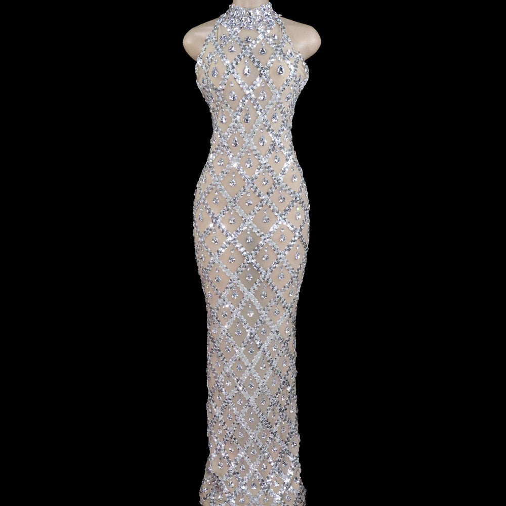 Silver Sequins Crystal Mesh Maxi Dress
