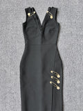 V Neck Black Metal Pin High Split Maxi Dress