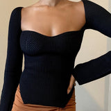 Ribbed Square Neck Long Sleeve Top