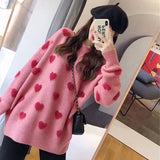 Long Sleeve Heart Print Knitted Pullover