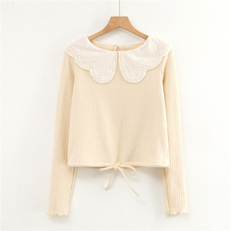 Knitted Long Sleeve Peter Pan Collar Pullover