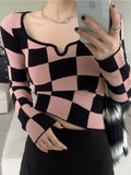 Knitted Long Sleeve Plaid Top