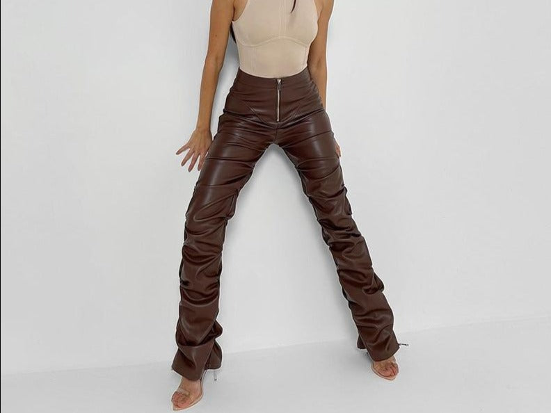 PU Leather Pleated High Waist Long Trouser