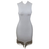 White O Neck Sleeveless Tassel Mini Dress