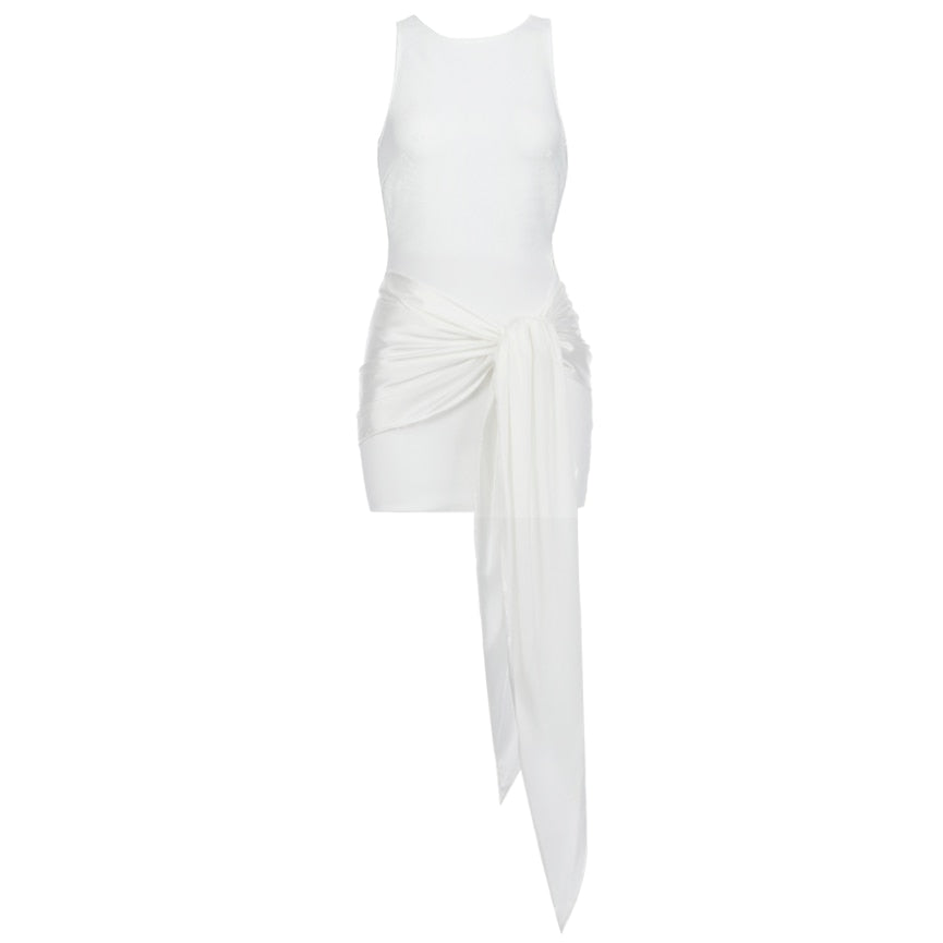 White Round Neck Bandage Mini Satin Dress