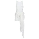 White Round Neck Bandage Mini Satin Dress