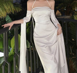 White Satin Full Sleeve Halter strap Maxi Dress
