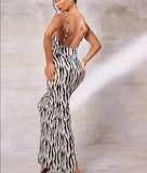 Zebra Print Strap Backless Slit Maxi Dress