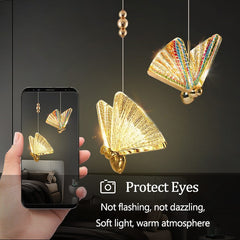Adjustable height butterfly LED pendant lamp with neutral light setting, protects eyes, not flashing, not dazzling, soft light, warm atmosphere.