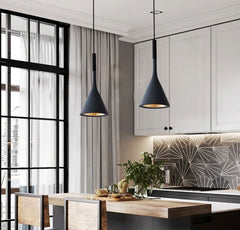 Two pendant LED ceiling light fixture with a black metal finish hangs in a dining room setting .