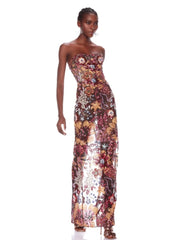 A strapless, floral sequin long dress with a zipper closure, featuring a sheath silhouette and sleeveless design.