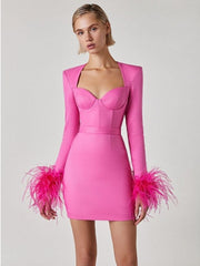 A model wearing a pink long sleeve mini bodycon dress with feathers on the sleeves.