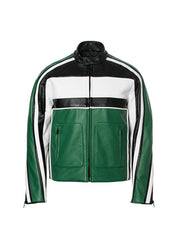 A slim-fit leather outerwear jacket, green -black colour.